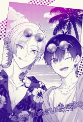 Rule 34 | 2boys, :q, absurdres, blue lock, closed mouth, collarbone, flower tattoo, glasses, hawaiian shirt, highres, isagi yoichi, jacket, jewelry, long hair, looking at viewer, male focus, michael kaiser, monochrome, multiple boys, neck tattoo, necklace, one eye closed, open mouth, palm tree, partially unbuttoned, pectoral cleavage, pectorals, round eyewear, shirt, short hair, smile, tank top, tattoo, tongue, tongue out, tree, tsurime, twitter username, umiharuayato, upper body
