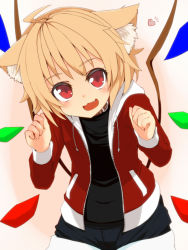 Rule 34 | 1girl, ahoge, alternate costume, animal ears, blonde hair, blush, cat ears, collar, contemporary, fang, flandre scarlet, highres, kemonomimi mode, looking at viewer, mantarou (shiawase no aoi tori), open mouth, red eyes, smile, solo, touhou, wings