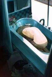 Rule 34 | 1girl, absurdres, ass, bath, bathing, bathroom, bathtub, completely nude, curtains, flower, from behind, highres, long hair, maple linf, nude, original, partially submerged, solo, unworn clothes, water, white hair