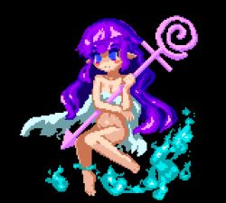 Rule 34 | 1girl, animated, animated gif, black background, blue eyes, blush stickers, fire, floating, holding, holding staff, long hair, lowres, magic castle re pure aria, naked towel, pixel art, pointy ears, purple hair, solo, staff, swirl, towel, yomitim
