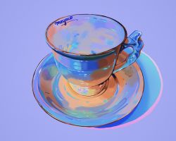 Rule 34 | cup, highres, meyoco, no humans, original, photo-referenced, plate, purple background, shadow, signature, simple background, teacup