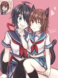 Rule 34 | 2girls, ahoge, animal ears, black hair, blue sailor collar, blue skirt, brown hair, cat ears, cat tail, commentary request, cowboy shot, eye contact, fang, furutaka (kancolle), glowing, glowing eye, hair ornament, hairclip, heart, heterochromia, kabocha torute, kako (kancolle), kantai collection, long hair, looking at another, messy hair, midriff, multiple girls, neckerchief, one-hour drawing challenge, open mouth, parted bangs, pink background, pleated skirt, ponytail, red neckerchief, sailor collar, school uniform, serafuku, short hair, single thighhigh, sitting, sitting on person, skirt, tail, thighhighs, yellow eyes, yuri