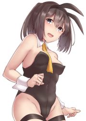 Rule 34 | 1girl, absurdres, akizuki (kancolle), alternate costume, animal ears, black eyes, black hair, black legwear, black leotard, breasts, rabbit ears, covered navel, cowboy shot, detached collar, fake animal ears, highres, kantai collection, kiritto, leaning forward, leotard, looking at viewer, playboy bunny, ponytail, simple background, small breasts, solo, strapless, strapless leotard, thigh gap, white background, wrist cuffs
