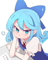 Rule 34 | 1girl, :t, blue bow, blue dress, blue eyes, blue hair, bow, bowtie, cirno, commentary, dress, hand on own chin, highres, ice, ice wings, light blue hair, looking at viewer, paper, pinafore dress, playing with own hair, pout, puffy short sleeves, puffy sleeves, red bow, red bowtie, shirt, short hair, short sleeves, sidelocks, simple background, sleeveless dress, sseopik, table, touhou, white background, white shirt, wings