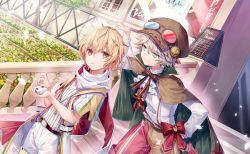Rule 34 | 2boys, androgynous, blonde hair, blue eyes, brown eyes, flower, food fantasy, goggles, hat, height difference, looking at another, looking at viewer, multiple boys, official art, pale skin, plant, popcorn (food fantasy), sandwich (food fantasy), silver hair, stairs, stairwell, standing on stairwell, tree