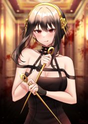 Rule 34 | 1girl, :q, absurdres, bare arms, bare shoulders, black dress, black gloves, black hair, blood, blurry, blurry background, blush, breasts, cleavage, commentary, dress, fingerless gloves, gloves, hair between eyes, hairband, highres, holding, holding weapon, indoors, kumogii, long hair, looking at viewer, medium breasts, red eyes, reverse grip, smile, solo, spy x family, tongue, tongue out, upper body, weapon, yellow hairband, yor briar