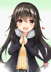 Rule 34 | 1girl, :d, black hair, black jacket, blush, brown eyes, brown shirt, commentary request, gradient background, green background, hair between eyes, hands up, hatsushimo (kancolle), heart, highres, hood, hood down, hooded jacket, jacket, kantai collection, long hair, long sleeves, looking at viewer, open clothes, open jacket, open mouth, ribbed shirt, shirt, smile, solo, sou (soutennkouchi), steepled fingers, very long hair, white background