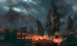 Rule 34 | artist request, building, chaos online, column, fantasy, floating island, highres, lava, no humans, official art, outdoors, pillar, ruins, scenery, sky, smoke, volcano