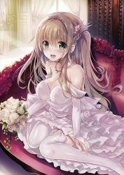 Rule 34 | 1girl, :d, absurdres, blonde hair, bouquet, breasts, bridal gauntlets, collarbone, detached sleeves, diadem, dress, flower, garter straps, green eyes, hair between eyes, hair ornament, highres, holding, holding bouquet, indoors, jewelry, large breasts, layered dress, long hair, looking at viewer, necklace, open mouth, original, ring, rose, side ponytail, sitting, sleeveless, sleeveless dress, smile, solo, strapless, strapless dress, sumisuzu, thighhighs, very long hair, wariza, wedding dress, wedding ring, white dress, white flower, white rose, white thighhighs