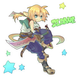 Rule 34 | 00s, 1boy, belt, blonde hair, blue eyes, boots, chamu, chamu (lbdr), character name, dual wielding, final fantasy, final fantasy ix, full body, grin, holding, long hair, male focus, pants, ponytail, smile, solo, star (symbol), sword, tail, weapon, white background, zidane tribal