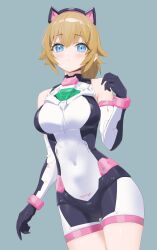 Rule 34 | 1girl, animal ears, bare shoulders, blue eyes, blush, breasts, brown hair, cat ears, chest jewel, commentary request, covered navel, cowboy shot, elbow gloves, fake animal ears, fumina avatar, gloves, grey background, gundam, gundam build metaverse, hand up, highres, hoshino fumina, large breasts, looking at viewer, multicolored clothes, ponytail, simple background, solo, thigh gap, yd (orange maru)