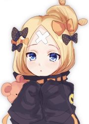 Rule 34 | 1girl, :o, abigail williams (fate), abigail williams (traveling outfit) (fate), black bow, black jacket, blonde hair, blue eyes, blush, bow, commentary request, fate/grand order, fate (series), hair bow, hair bun, hands up, haruna chino, jacket, long hair, long sleeves, looking at viewer, hugging object, official alternate costume, orange bow, parted bangs, parted lips, polka dot, polka dot bow, simple background, single hair bun, sleeves past fingers, sleeves past wrists, solo, stuffed animal, stuffed toy, teddy bear, white background