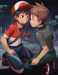 Rule 34 | 2boys, backpack, bag, baseball cap, black footwear, black hair, black shirt, blush, brown eyes, brown hair, chase (pokemon), clenched hand, closed mouth, collarbone, commentary, creatures (company), daikung, fence, from side, game freak, green eyes, green pants, grin, hat, highres, holding, holding poke ball, jacket, kneeling, male focus, multiple boys, nintendo, pants, poke ball, poke ball (basic), pokemon, pokemon lgpe, red headwear, shirt, shoes, short hair, short sleeves, shorts, smile, teeth, trace (pokemon), two-tone headwear