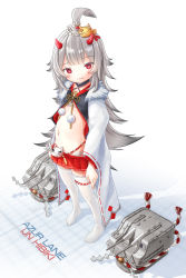 Rule 34 | 1girl, :3, absurdres, azur lane, blunt bangs, character name, commentary, comodomodo, copyright name, flat chest, full body, grey hair, hair between eyes, hair ornament, hibiki (azur lane), highres, horns, japanese clothes, long hair, long sleeves, looking at viewer, machinery, navel, oni horns, pleated skirt, red eyes, ribbon-trimmed sleeves, ribbon trim, sarashi, sidelocks, simple background, skirt, solo, standing, stomach, thighhighs, turret, white thighhighs, wide sleeves