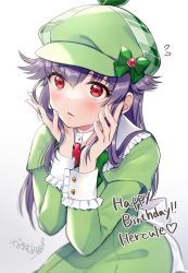 Rule 34 | 1girl, bow, cabbie hat, capelet, character name, dress, flying sweatdrops, frills, gradient background, green bow, green capelet, green dress, green hat, grey background, hair between eyes, hands up, happy birthday, hat, hat bow, hercule barton, highres, long hair, long sleeves, looking at viewer, mugi (iccomae), parted lips, plaid headwear, purple hair, red eyes, solo, tantei opera milky holmes, very long hair, white background