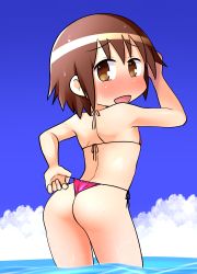 Rule 34 | 1girl, absurdres, adjusting clothes, adjusting swimsuit, ass, bikini, blush, breasts, brown eyes, brown hair, chiden, cloud, day, embarrassed, female focus, highres, kill me baby, looking at viewer, looking back, micro bikini, ocean, open mouth, oribe yasuna, outdoors, pink bikini, shiny skin, short hair, shoulder blades, sky, small breasts, smile, solo, standing, sweat, swimsuit, wading, wet, wet hair