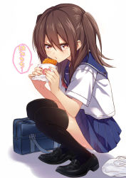 Rule 34 | 1girl, bag, black thighhighs, brown eyes, brown hair, character request, food, holding, lawson, long hair, looking at viewer, original, pleated skirt, school bag, school uniform, serafuku, shoes, skirt, solo, squatting, sushikuugo (suisen), sweat, thighhighs, translation request, two side up