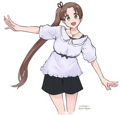 Rule 34 | 1girl, alternate costume, ayanami (kancolle), black shorts, brown hair, cowboy shot, green eyes, kantai collection, kirigaya yuuji, long hair, open mouth, outstretched arms, parted bangs, shirt, shorts, simple background, smile, solo, twitter username, white background, white shirt