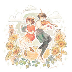 Rule 34 | 1boy, 1girl, amasawa seiji, apron, black pants, blue apron, blue flower, book, bow, brown eyes, brown footwear, brown hair, cat, cloud, collar, flower, from side, hat, highres, holding, holding instrument, holding violin, instrument, leaf, looking at object, mimi wo sumaseba, momochy, music, open book, pants, pink skirt, plant, playing instrument, pleated skirt, reading, red bow, red shirt, shirt, short hair, skirt, socks, studio ghibli, summer, sunflower, tsukishima shizuku, two-tone shirt, violin, white background, white collar, white footwear, white shirt, white skirt, white socks, yellow flower
