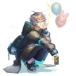 Rule 34 | 1girl, backpack, bag, balloon, black coat, black footwear, blue eyes, blue nails, can, coat, ear piercing, grey hair, grin, hair ornament, hairclip, highres, holding, holding can, long sleeves, looking at viewer, multicolored nails, orange hair, orange nails, original, parted lips, piercing, shoes, short hair, simple background, smile, sneakers, solo, sorata123, teeth, white background