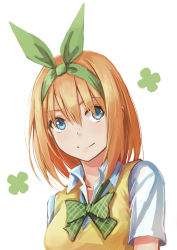 Rule 34 | 1girl, absurdres, blonde hair, blue eyes, bow, breasts, closed mouth, clover, collared shirt, commentary, four-leaf clover, go-toubun no hanayome, green ribbon, hair between eyes, hair ribbon, highres, looking at viewer, medium hair, nakano yotsuba, portrait, red bow, redpoke, ribbon, shirt, short sleeves, simple background, smile, solo, vest, white background, white shirt, wing collar