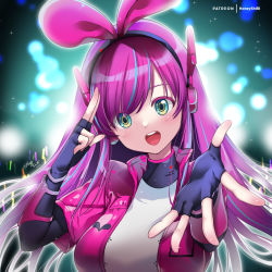 Rule 34 | audience, bad id, bad pixiv id, black gloves, black hairband, blush, cevio, concert, fingerless gloves, gloves, glowstick, hairband, headgear, jacket, kizuna ai inc., kzn (kizuna ai), long hair, music, open mouth, outstretched arm, penlight (glowstick), pink hair, pink hairband, pink jacket, shibi, shirt, singing, stage lights, swept bangs, upper body, white shirt