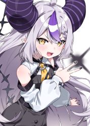 Rule 34 | 1girl, ahoge, black horns, black nails, blush, detached sleeves, grey hair, highres, hololive, horns, la+ darknesss, long hair, looking at viewer, multicolored hair, nail polish, pointy ears, purple hair, simple background, solo, streaked hair, striped, striped horns, tail, teeth, tosyeo, upper teeth only, v, very long hair, virtual youtuber, white background, white sleeves, yellow eyes
