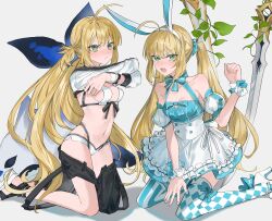 Rule 34 | 2girls, absurdres, ahoge, animal ears, apron, arm at side, artoria caster (fate), artoria caster (swimsuit) (fate), artoria caster (swimsuit) (first ascension) (fate), artoria caster (swimsuit) (second ascension) (fate), artoria pendragon (fate), asymmetrical clothes, asymmetrical legwear, asymmetrical pants, bare shoulders, bikini, black pants, black ribbon, blonde hair, blue bow, blue dress, blue scrunchie, blush, bow, breasts, checkered thighhighs, clothes pull, collarbone, cropped jacket, detached sleeves, dress, dress bow, dual persona, embarrassed, fate/grand order, fate (series), footwear bow, frilled apron, frills, green eyes, grey background, hair ornament, hair scrunchie, halterneck, hand up, hands up, high heels, highres, jacket, kneeling, long hair, long sleeves, looking at viewer, mismatched legwear, multiple girls, navel, no headwear, open mouth, orca, pants, pants pull, platform footwear, puffy short sleeves, puffy sleeves, rabbit ears, ribbon, sandals, scrunchie, sharp teeth, short sleeves, sideboob, simple background, single pantsleg, small breasts, striped clothes, striped jacket, striped ribbon, striped thighhighs, swimsuit, sword, teeth, thighhighs, twintails, vertical-striped clothes, vertical-striped thighhighs, weapon, white apron, white bikini, white footwear, white jacket, white wristband, wrist cuffs, wristband, yurumawari, zettai ryouiki