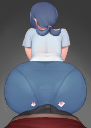 Rule 34 | 1girl, ass, bent over, blue hair, blue skirt, bulge, buttjob, buttjob over clothes, creatures (company), erection, erection under clothes, from behind, game freak, grey background, heart, highres, huge ass, lana&#039;s mother (pokemon), long hair, mature female, moebell, motion lines, nintendo, out of frame, pantylines, pokemon, pokemon (anime), pokemon sm (anime), pov, simple background, skirt, spoken heart, twintails