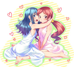 Rule 34 | 2girls, :d, bare arms, bare shoulders, barefoot, blue eyes, blue hair, blush, breasts, closed mouth, commentary request, dress, full body, hanasaki tsubomi, heart, heartcatch precure!, highres, hug, kurumi erika, long hair, looking at viewer, looking back, medium breasts, multiple girls, open mouth, pink dress, precure, red eyes, red hair, short hair, sideboob, sitting, sleeveless, sleeveless dress, smile, striped, striped background, tenkuu nozora, twintails, wariza