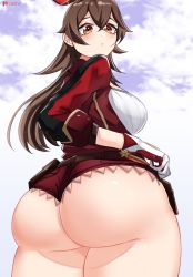 Rule 34 | 1girl, amber (genshin impact), ass, ass focus, breasts, brown eyes, brown hair, from behind, genshin impact, gloves, hair ribbon, hairband, highres, huge ass, large breasts, long hair, looking back, looking down, o22no, open mouth, parted lips, ribbon, shiny clothes, shiny skin, short shorts, shorts, sideboob, solo, thick thighs, thighs, very long hair