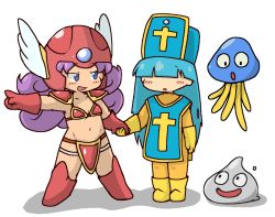 Rule 34 | 2girls, :d, :o, armor, bikini armor, blue eyes, blue hair, blue hat, blunt bangs, blush, bodysuit, boots, breasts, cleavage, collarbone, creature, cross, curly hair, dragon quest, dragon quest iii, elbow gloves, eyebrows, gloves, groin, hair over eyes, hat, healslime, helmet, holding hands, index finger raised, kuto tubuyaki, legs apart, legs together, liquid metal slime (dq), long hair, looking at another, midriff, multiple girls, navel, no nose, open mouth, orange bodysuit, pauldrons, pointing, priest (dq3), purple hair, red armor, red footwear, red gloves, red headwear, shadow, shoulder armor, slime (dragon quest), small breasts, smile, soldier (dq3), standing, stomach, tabard, white wings, winged helmet, wings, yellow footwear, yellow gloves