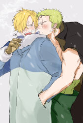 Rule 34 | 2boys, blonde hair, breath, cigarette, cold, curly eyebrows, earrings, facial hair, green hair, hair over one eye, highres, holding, holding cigarette, jewelry, male focus, multiple boys, nine hundred, one piece, open mouth, pants, roronoa zoro, sanji (one piece), scar, short hair, smile, smoking, straw hat pirates, winter, winter clothes, winter uniform