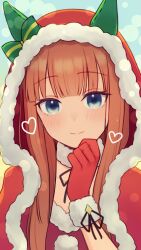 Rule 34 | 1girl, alternate costume, animal ears, blue eyes, blunt bangs, blush, breasts, christmas, closed mouth, commentary request, heart, highres, hime cut, hood, hoodie, horse ears, looking at viewer, portrait, ribbon, santa costume, shiro (branch0126), silence suzuka (umamusume), small breasts, smile, solo, umamusume