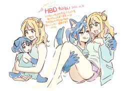 Rule 34 | 2girls, aged down, animal ears, animal hands, blonde hair, blue hair, blue shirt, braid, carrying, child, commentary request, crown braid, dated, dog ears, dog tail, dolphin shorts, fang, green eyes, hair bun, happy birthday, heart, highres, kemonomimi mode, korean commentary, licking lips, love live!, love live! sunshine!!, matsuura kanan, medium hair, multiple girls, ohara mari, open mouth, pito (sh02327), ponytail, princess carry, purple eyes, purple shorts, shirt, shorts, simple background, single hair ring, smile, sweatdrop, tail, tongue, tongue out, translation request, white background, yuri