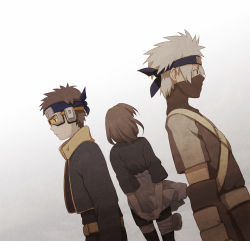 Rule 34 | 1girl, 2boys, back, belt, covered mouth, forehead protector, frown, goggles, gradient background, half mask, hatake kakashi, highres, mask, multiple boys, naruto (series), naruto shippuuden, nohara rin, own hands together, spiked hair, standing, uchiha obito, white background, yuu (plasm)