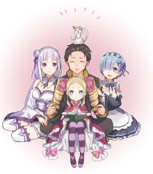 Rule 34 | 10s, 1boy, 3girls, :d, age difference, animal, animal on head, apron, beatrice (re:zero), black hair, blonde hair, blue hair, book, braid, bug, butterfly, butterfly-shaped pupils, carrying, cat, cat on head, drill hair, elf, emilia (re:zero), girl sandwich, insect, long hair, maid, maid apron, maid headdress, multiple girls, natsuki subaru, on head, open mouth, pack (re:zero), pantyhose, pointy ears, puck (re:zero), re:zero kara hajimeru isekai seikatsu, rem (re:zero), sandwiched, shake sawa, short hair, sitting, sitting on lap, sitting on person, smile, striped clothes, striped pantyhose, symbol-shaped pupils, teenage boy and younger girl, thighhighs, twin drills, yokozuwari