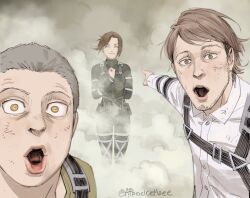 Rule 34 | 1girl, 2boys, :o, ^ ^, artist name, brown eyes, brown hair, closed eyes, commentary, connie springer, dust, english commentary, grey hair, jean kirstein, looking at viewer, male focus, meme, multiple boys, pocketbee, pointing, sasha blouse, shingeki no kyojin, short hair, smile, strap, three-dimensional maneuver gear, twitter username, two soyjaks pointing (meme), upper body