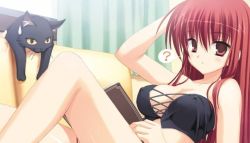 Rule 34 | blush, breasts, cat, cleavage, couch, empty x embryo, hand on head, kifune mio, kobuichi, long hair, red eyes, red hair, thighhighs