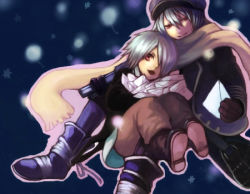 Rule 34 | 2boys, boots, gauche suede, gloves, hair over one eye, hat, lag seeing, lowres, multiple boys, purple eyes, scarf, silver hair, tegami bachi