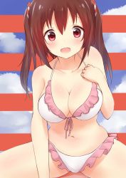 Rule 34 | 10s, 1girl, bad id, bad pixiv id, bare shoulders, bikini, blush, breasts, brown hair, cleavage, ebina nana, female focus, frilled bikini, frills, front-tie top, hair ribbon, hand on own chest, himouto! umaru-chan, large breasts, long hair, looking at viewer, navel, open mouth, red eyes, ribbon, sitting, solo, striped, striped background, swimsuit, takeashiro, twintails, wavy mouth