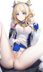 Rule 34 | 1girl, absurdres, aqua gloves, blonde hair, blue eyes, censored, coat, cum, cumdrip, detached sleeves, dress, ex astris, gloves, hair ornament, hand up, highres, jewelry, looking at viewer, m legs, mosaic censoring, necklace, nopetroto, pointy ears, pussy, pussy juice, short hair, sitting, sleeveless, sleeveless coat, sleeveless jacket, smile, spread legs, spread pussy, vi3 (ex astris), white coat, white dress