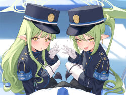 Rule 34 | 1boy, 2girls, armband, blue archive, blush, commentary request, demon tail, earrings, gloves, green hair, halo, handjob gesture, hat, hikari (blue archive), jewelry, jfjf, long hair, looking at viewer, multiple girls, nozomi (blue archive), open mouth, pantyhose, peaked cap, pointy ears, pov, sensei (blue archive), shorts, siblings, sisters, sitting, sitting on lap, sitting on person, skirt, smile, smug, tail, textless version, train conductor, twintails, white gloves, white pantyhose, yellow eyes