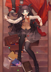 Rule 34 | 1boy, 1girl, aqua eyes, archer (fate), black bow, black hair, black thighhighs, book, bow, fate/stay night, fate (series), hair bow, jewelry, unworn jewelry, long hair, long sleeves, looking away, necklace, unworn necklace, open mouth, solo focus, stairs, teeth, thighhighs, tohsaka rin, twintails, two side up, yuukaku