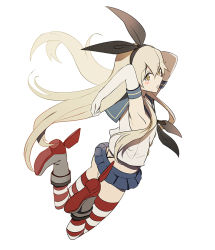 Rule 34 | 10s, 1girl, armpits, ass, bad id, bad pixiv id, bare shoulders, black panties, blonde hair, blush, blush stickers, butt crack, elbow gloves, from behind, gloves, hair ribbon, harano, kantai collection, long hair, looking back, open mouth, panties, personification, ribbon, sailor collar, shimakaze (kancolle), simple background, skirt, solo, striped clothes, striped thighhighs, thighhighs, underwear, white gloves, yellow eyes