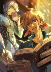 Rule 34 | 2boys, :d, blue jacket, brown hair, closed mouth, collarbone, cup, earrings, feather earrings, feathers, grey eyes, hair between eyes, holding, holding cup, jacket, jewelry, jodesu, long sleeves, male focus, mikleo (tales), multiple boys, open mouth, quill, red feathers, short hair, smile, sorey (tales), tales of (series), tales of zestiria, writing