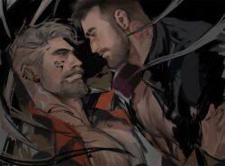 Rule 34 | 2boys, bara, beard, black hair, blush, chest hair, david king (dead by daylight), dead by daylight, dopey (dopq), eye contact, facial hair, from side, full-body tattoo, goatee, grey hair, hand on another&#039;s arm, jacket, large pectorals, long sideburns, looking at another, male focus, mature male, multiple boys, muscular, muscular male, mustache, neck tattoo, old, old man, open clothes, open jacket, pectoral cleavage, pectorals, scar, scar across eye, short hair, sideburns, tattoo, thick eyebrows, thick mustache, undercut, upper body, vittorio toscano, yaoi