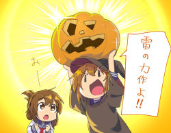 Rule 34 | 10s, 2girls, :d, :o, alternate costume, brown eyes, brown hair, folded ponytail, hair ornament, hairclip, halloween, halloween costume, hat, ikazuchi (kancolle), inazuma (kancolle), jack-o&#039;-lantern, kantai collection, magenta (atyana), multiple girls, open mouth, school uniform, serafuku, short hair, smile, translation request, witch hat