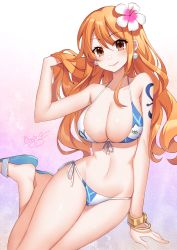 Rule 34 | 1girl, arm support, arm tattoo, artist name, bikini, binato lulu, blush, bracelet, breasts, brown eyes, cleavage, closed mouth, collarbone, earrings, flower, hair flower, hair ornament, highres, jewelry, large breasts, long hair, looking at viewer, nami (one piece), navel, one piece, orange hair, sandals, smile, solo, swimsuit, tattoo, thighs