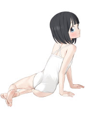 Rule 34 | 1girl, akebi-chan no serafuku, akebi kao, barefoot, black hair, blue eyes, casual one-piece swimsuit, commentary request, easy (aqk7bdqt), from behind, full body, looking at viewer, looking back, one-piece swimsuit, short hair, simple background, sitting, solo, swimsuit, white background, white one-piece swimsuit, yokozuwari